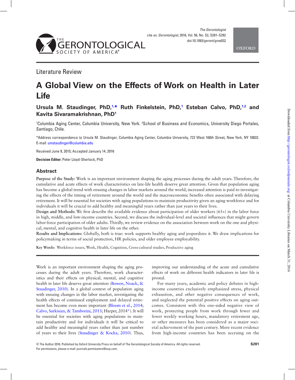 A Global View on the Effects of Work on Health in Later Life