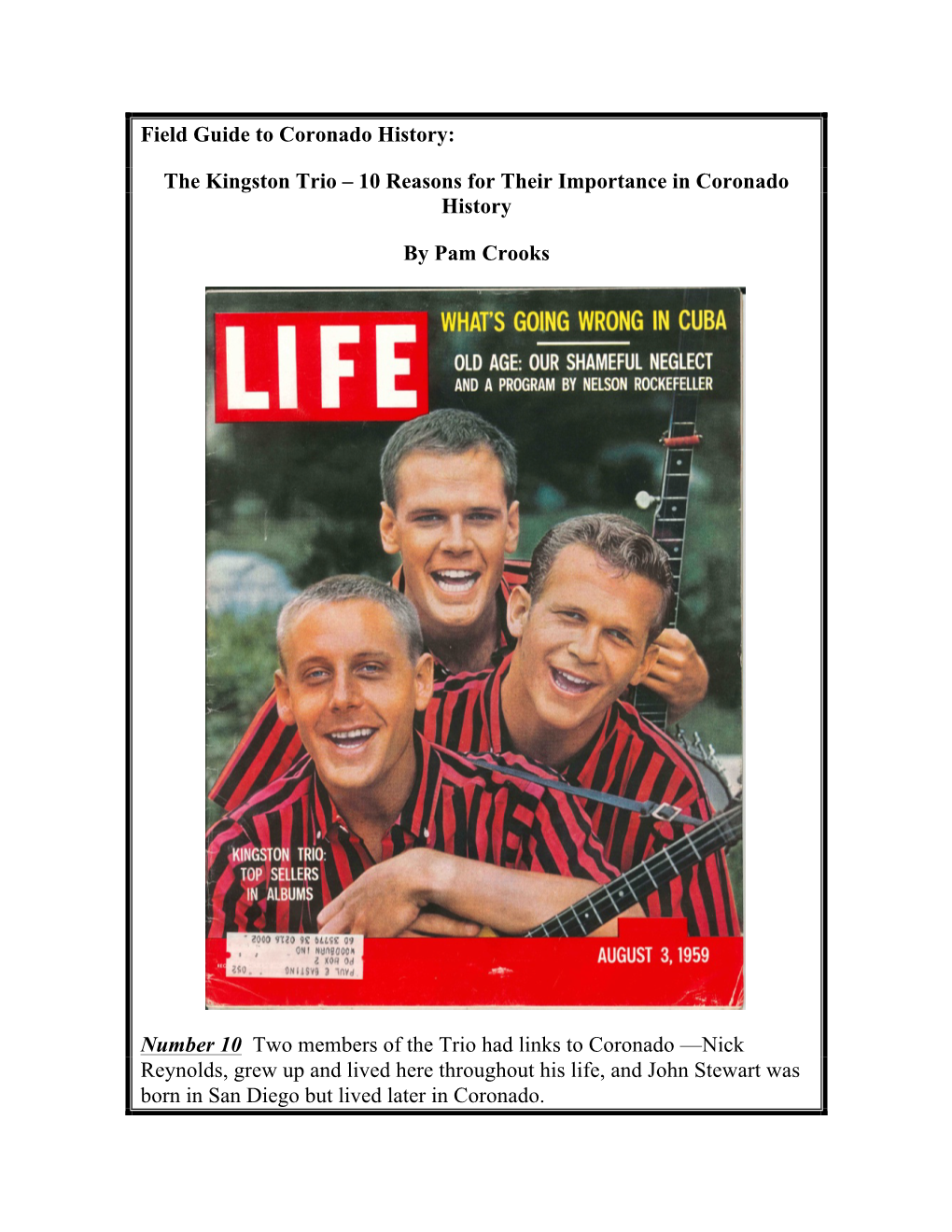 Field Guide to Coronado History: the Kingston Trio – 10 Reasons For