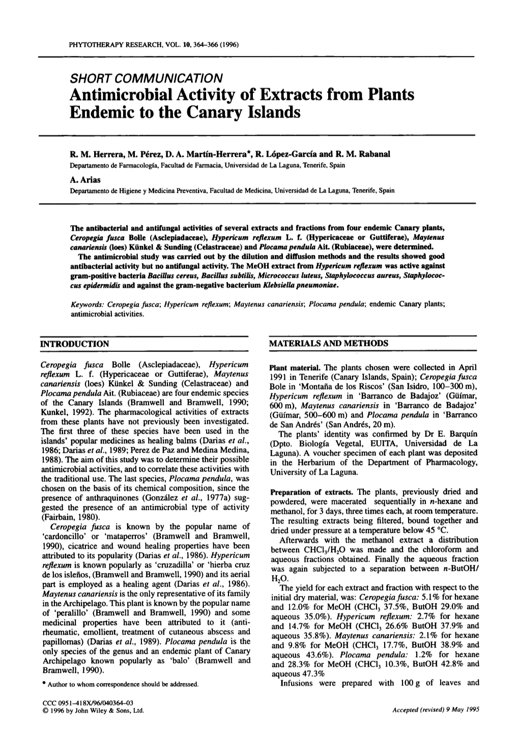 Antimicrobial Activity of Extracts from Plants Endemic to the Canary Islands