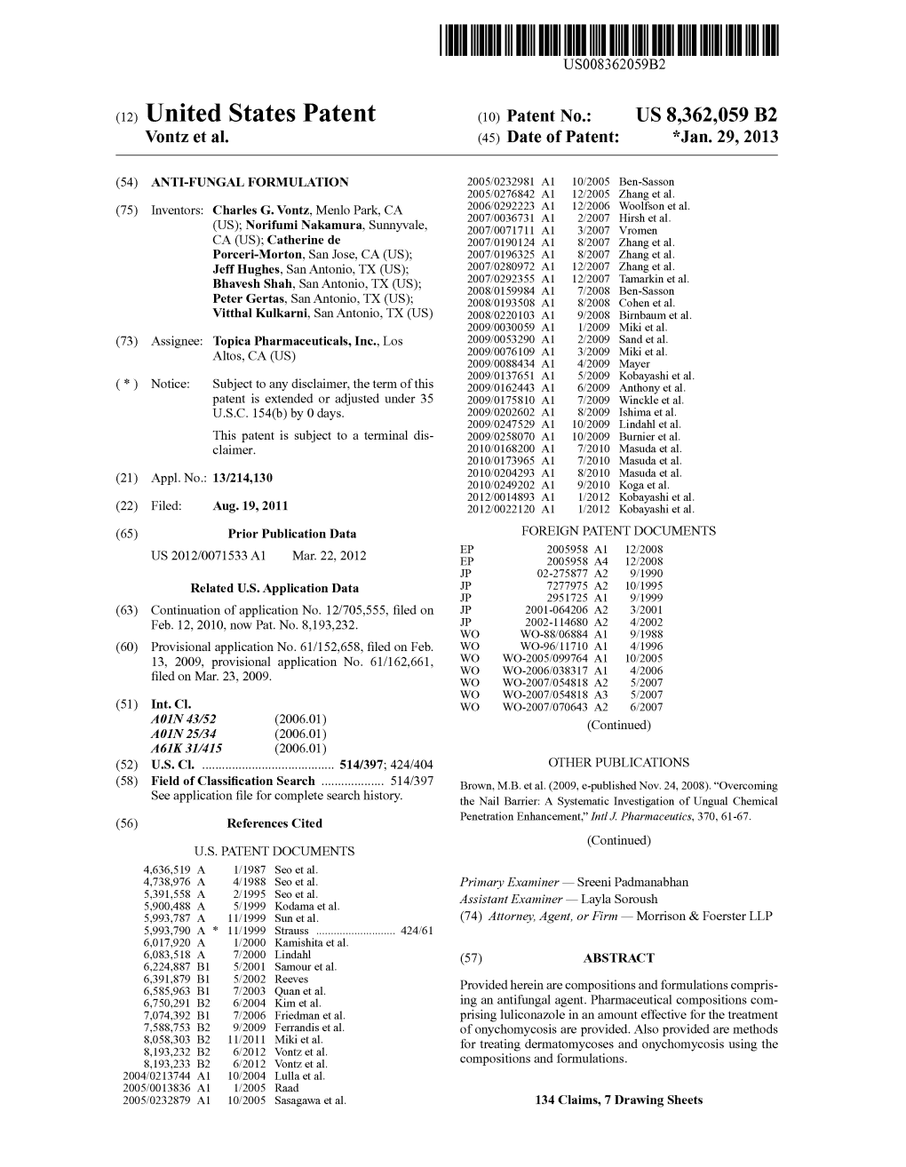 (12) United States Patent (10) Patent No.: US 8,362,059 B2 Vontz Et Al