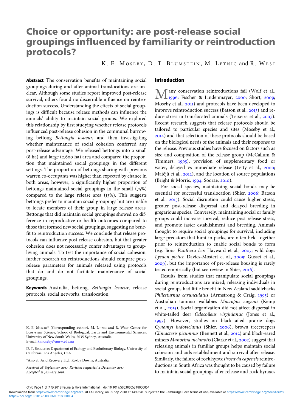 Are Post-Release Social Groupings Influenced by Familiarity Or Reintroduction Protocols?