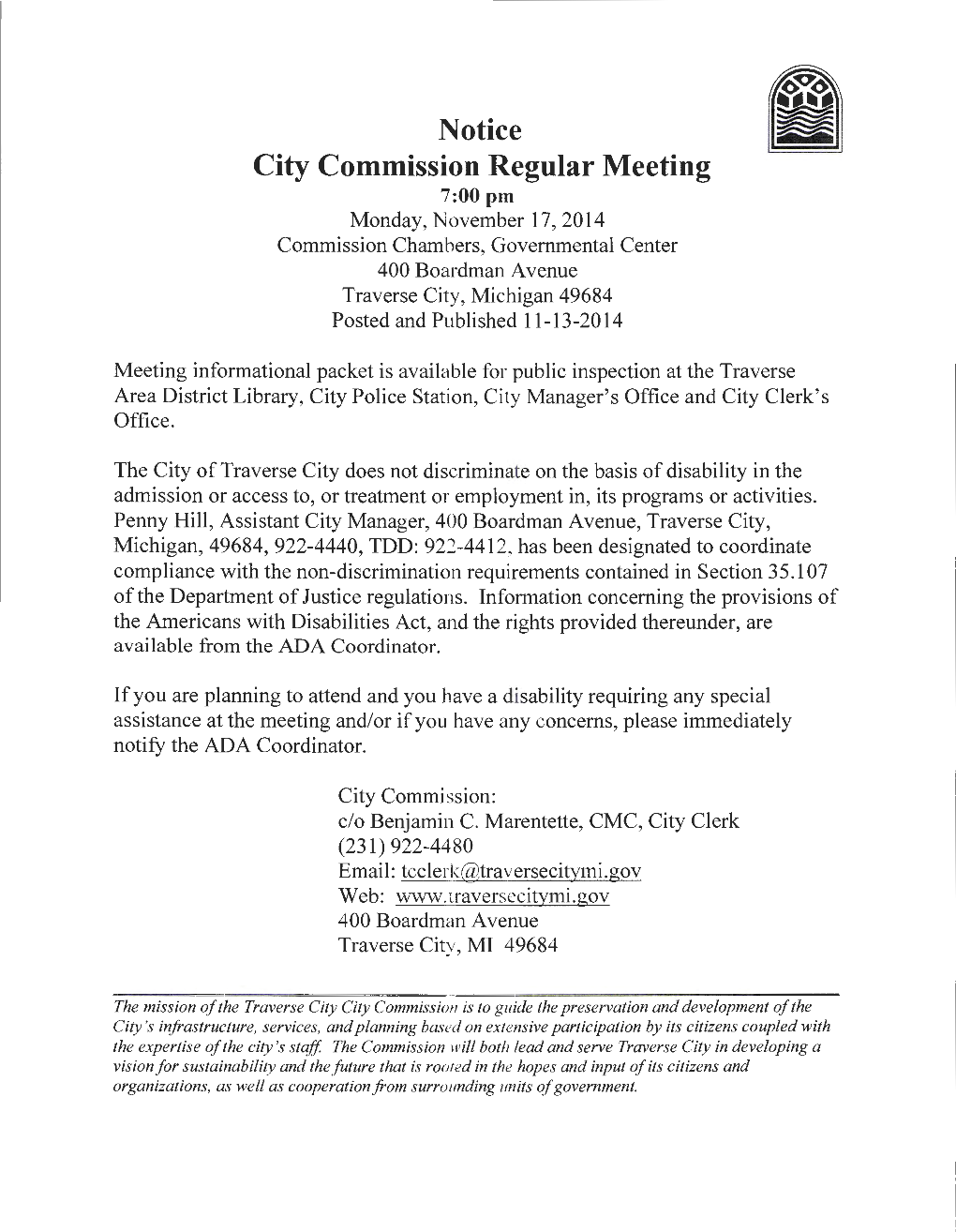 Notice City Commission Regular Meeting