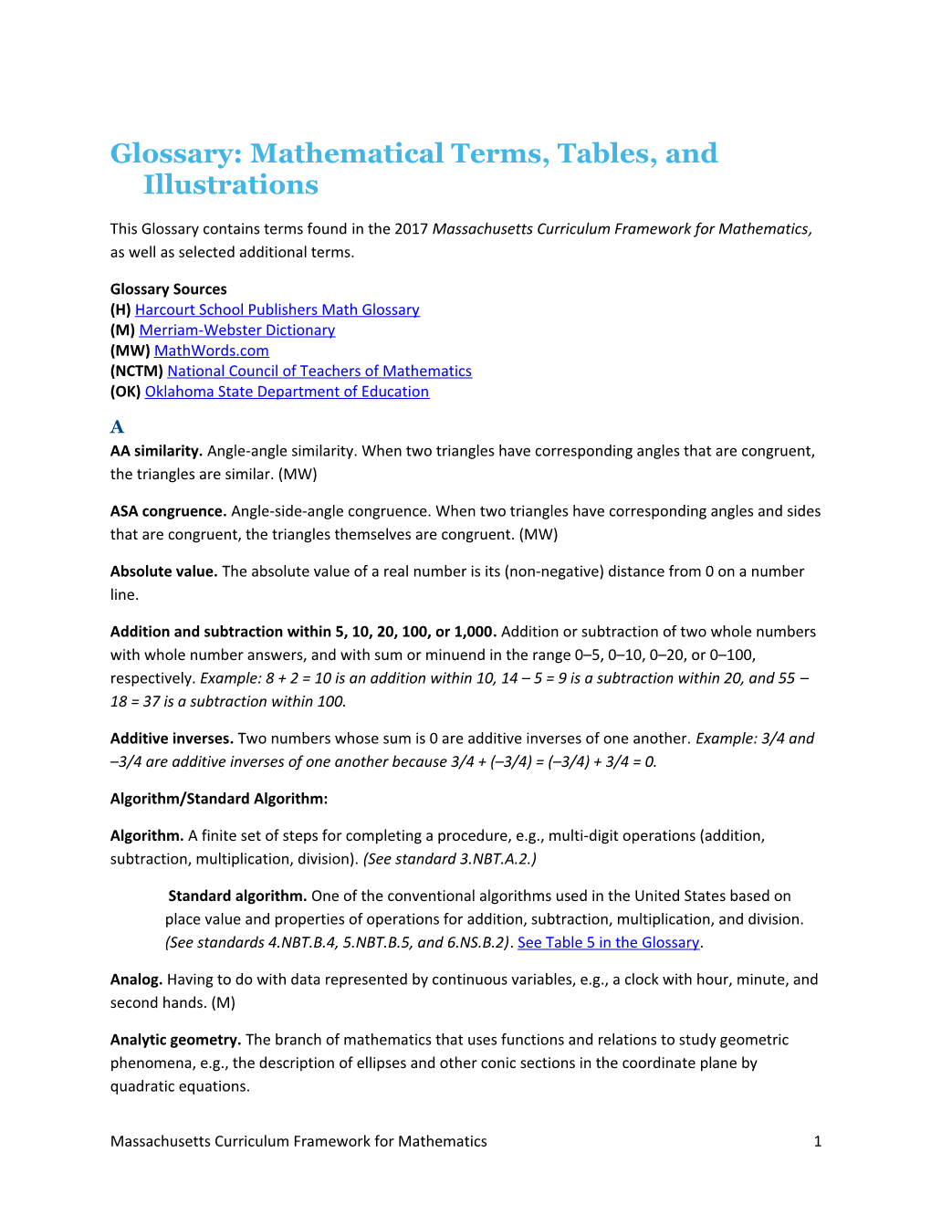 Glossary: Mathematical Terms, Tables, and Illustrations