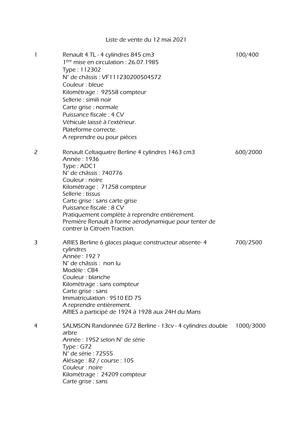 Liste De Vente Du 12 Mai 2021 1 Renault 4 TL