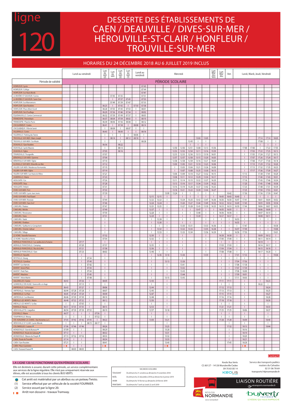 Caen / Deauville / Dives-Sur-Mer / Hérouville-St-Clair / Honfleur / 120 Trouville-Sur-Mer Horaires Du 24 Décembre 2018 Au 6 Juillet 2019 Inclus