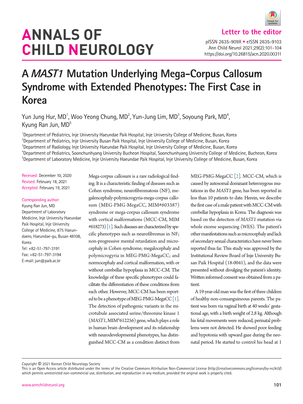 A MAST1 Mutation Underlying Mega-Corpus Callosum Syndrome with Extended Phenotypes: the First Case in Korea