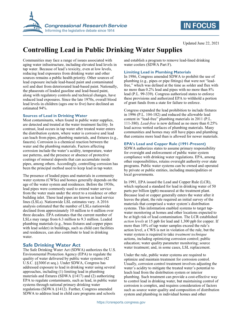 Controlling Lead in Public Drinking Water Supplies