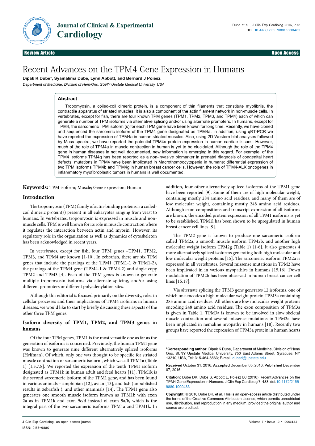 Recent Advances on the TPM4 Gene Expression in Humans