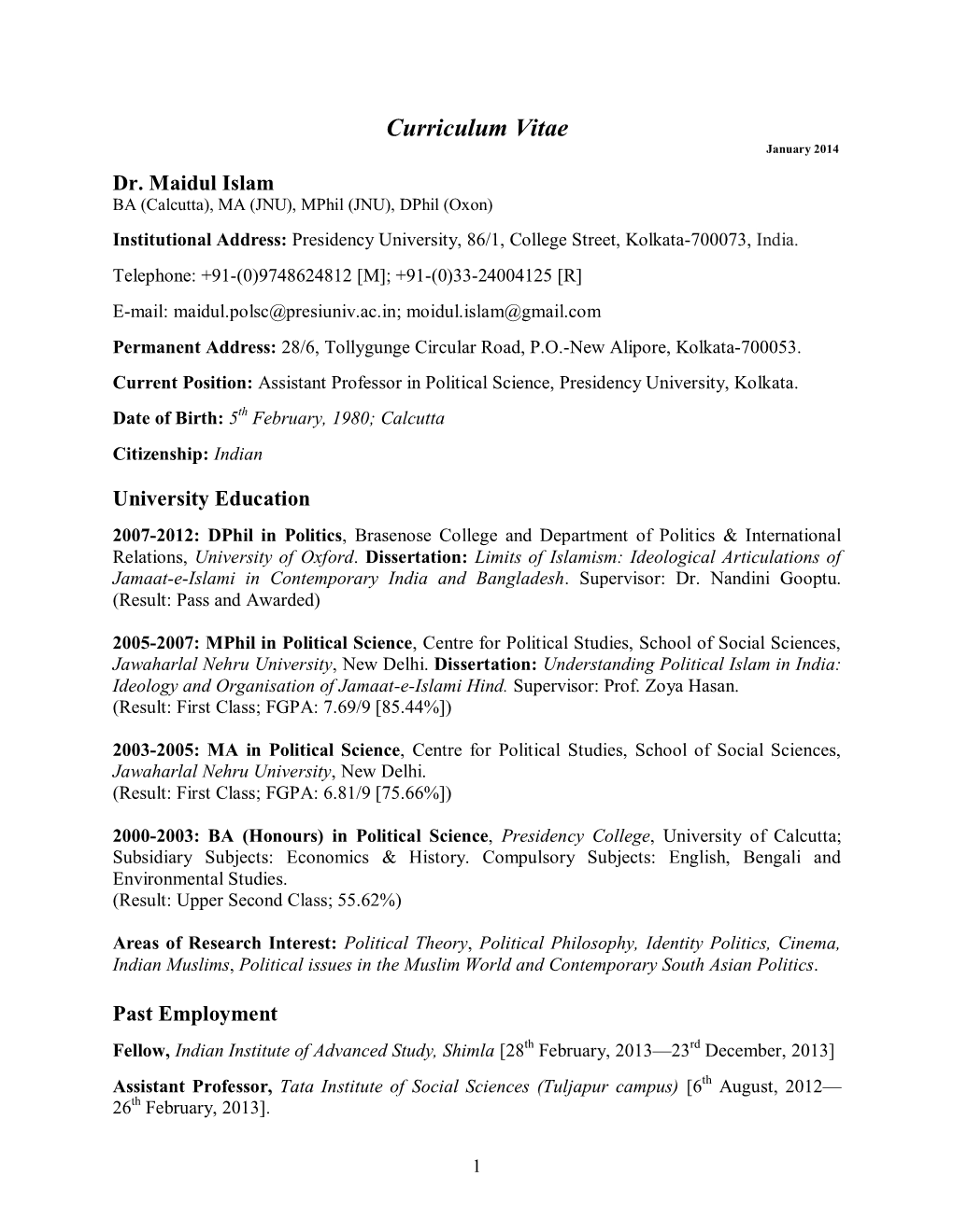 Curriculum Vitae January 2014