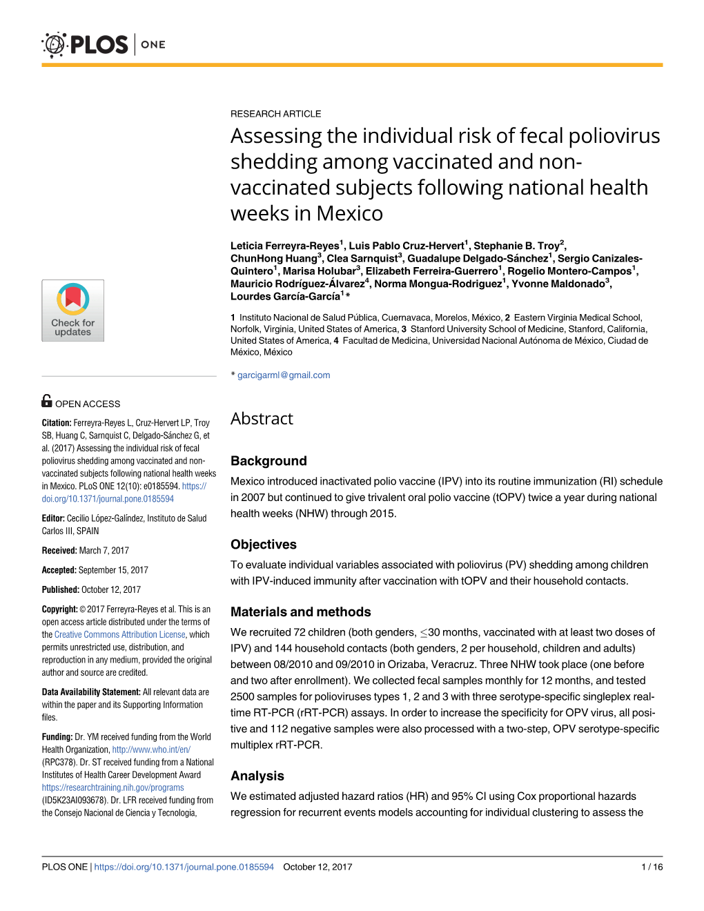 Assessing the Individual Risk of Fecal Poliovirus Shedding Among Vaccinated and Non- Vaccinated Subjects Following National Health Weeks in Mexico
