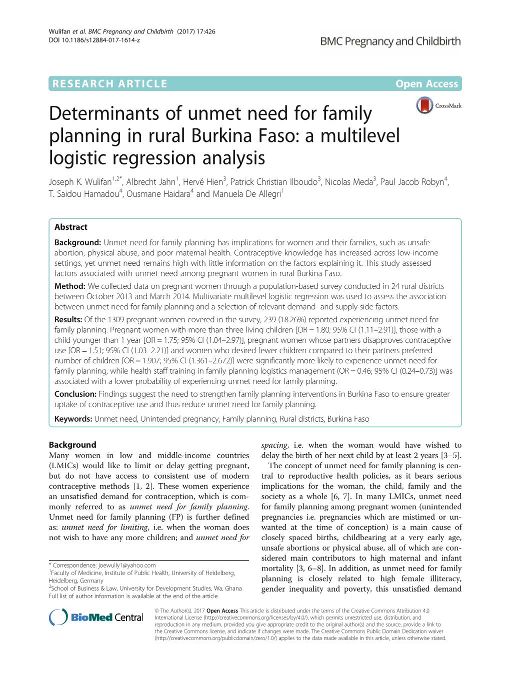 Determinants of Unmet Need for Family Planning in Rural Burkina Faso: a Multilevel Logistic Regression Analysis Joseph K