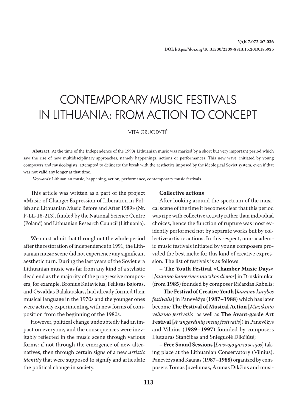 Contemporary Music Festivals in Lithuania: from Action to Concept