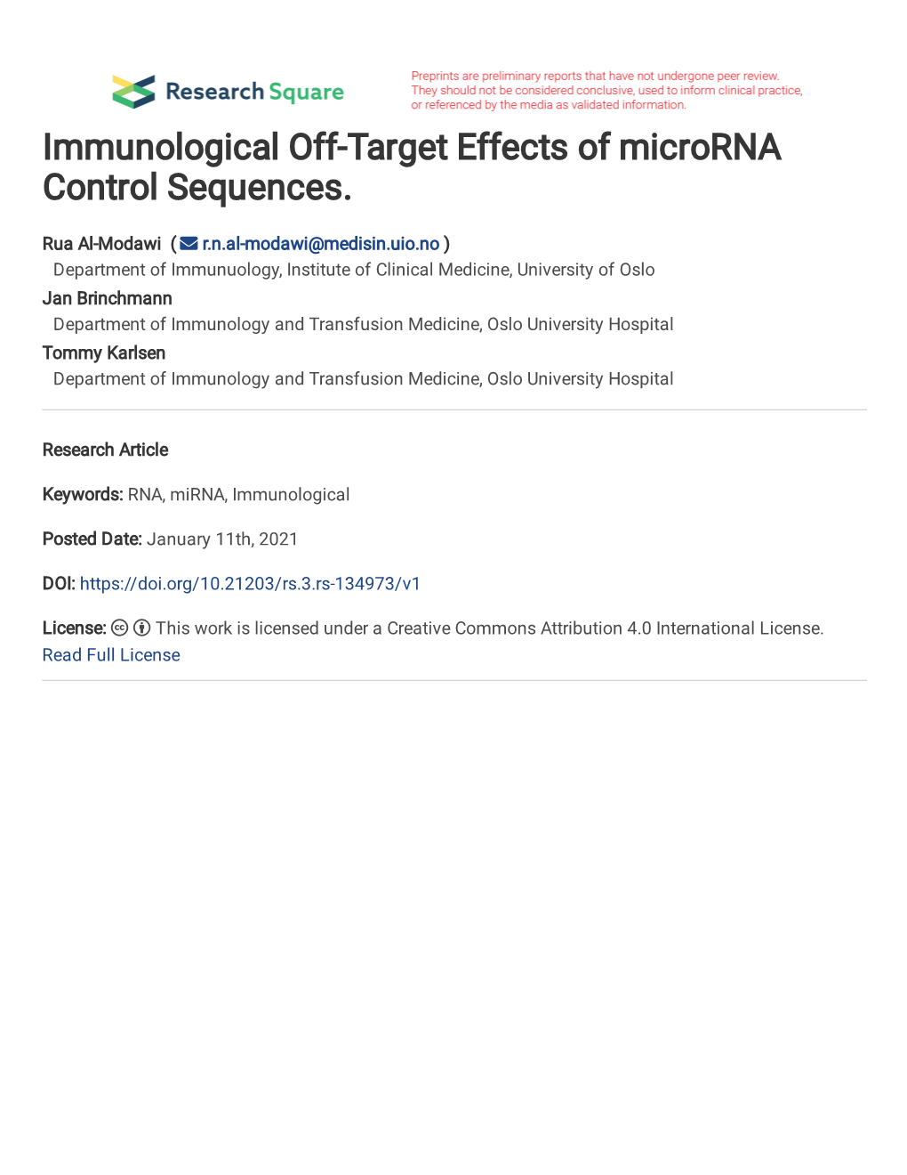 Immunological Off-Target Effects of Microrna Control Sequences Rua