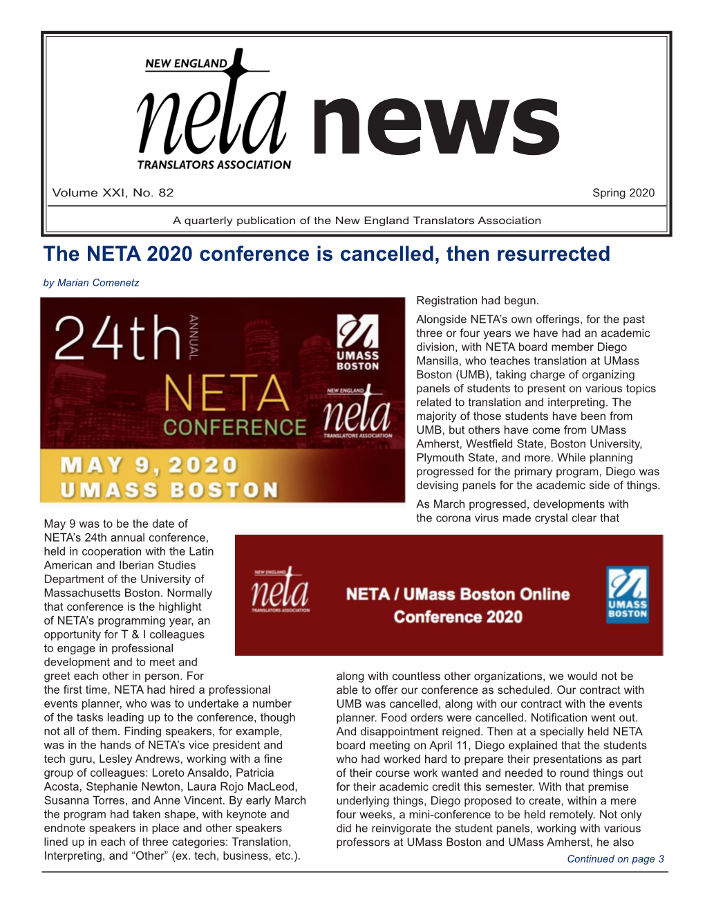 The NETA 2020 Conference Is Cancelled, Then Resurrected by Marian Comenetz Registration Had Begun