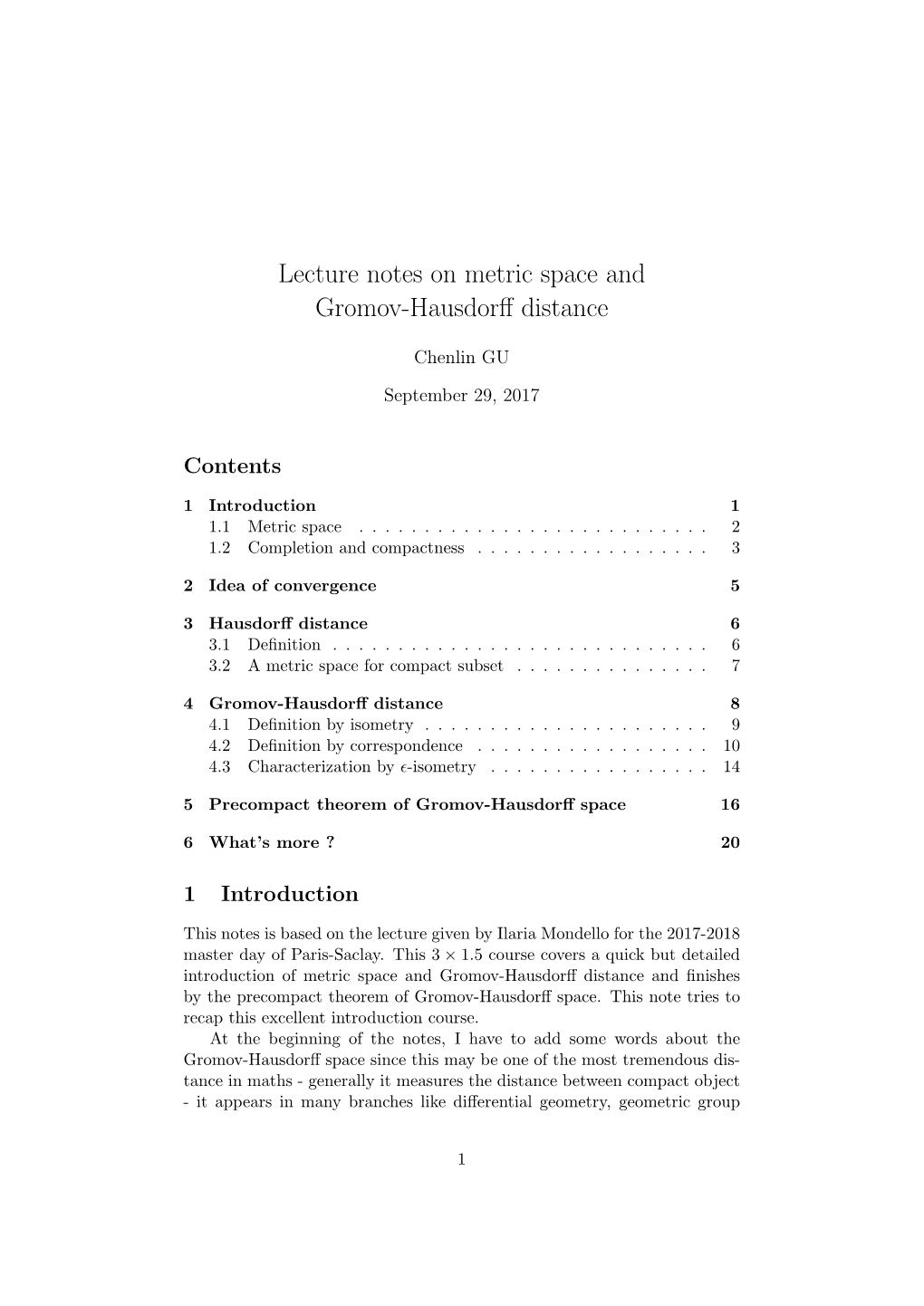 Lecture Notes on Metric Space and Gromov-Hausdorff Distance