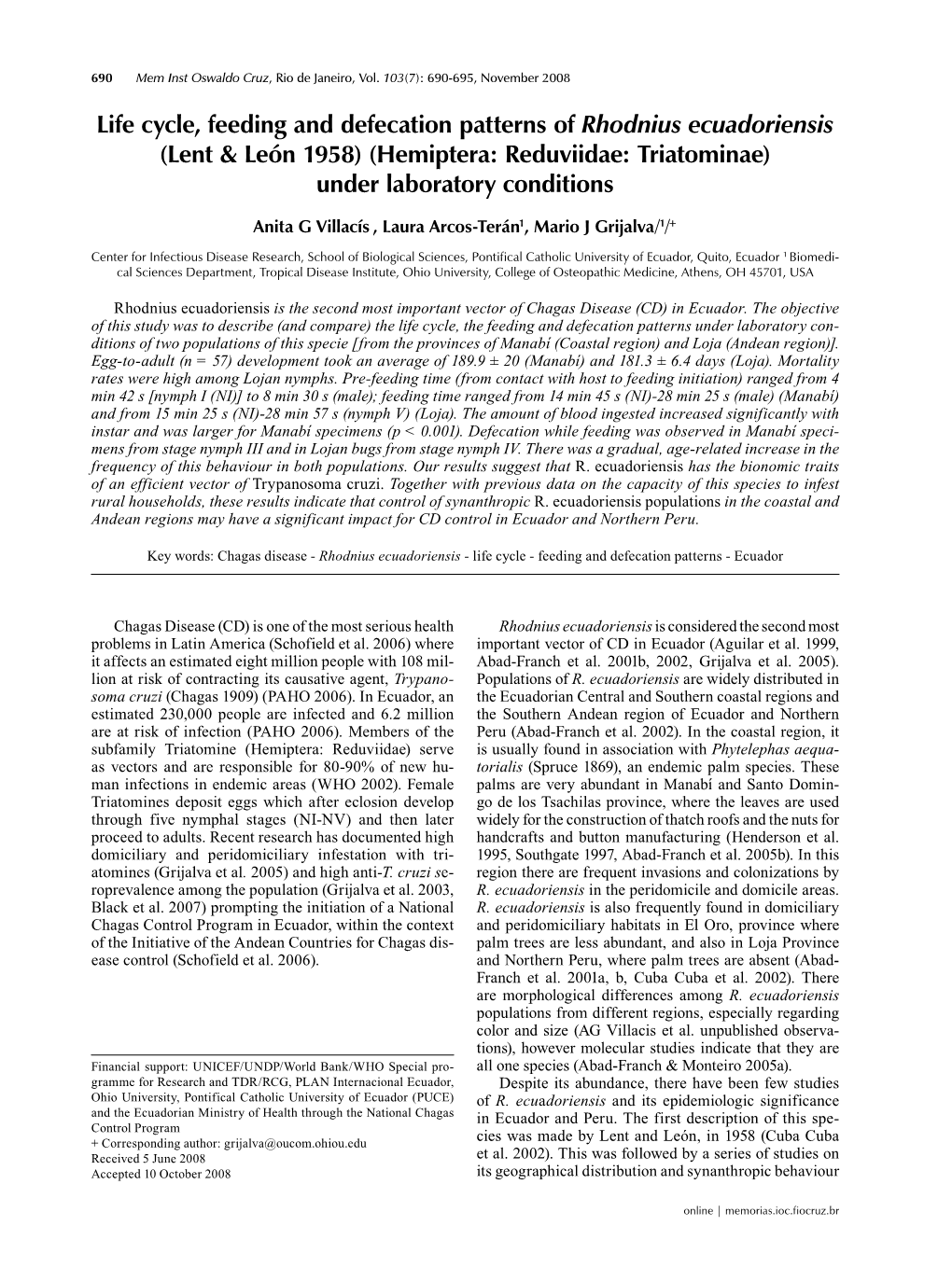 Life Cycle, Feeding and Defecation Patterns of Rhodnius Ecuadoriensis (Lent & León 1958) (Hemiptera: Reduviidae: Triatominae) Under Laboratory Conditions