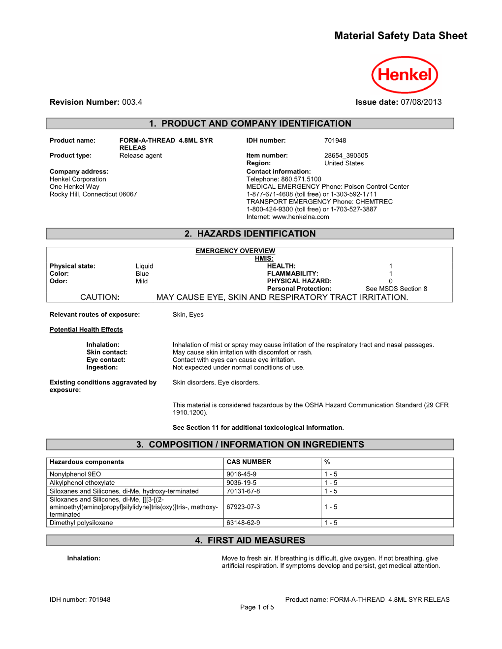 Material Safety Data Sheet