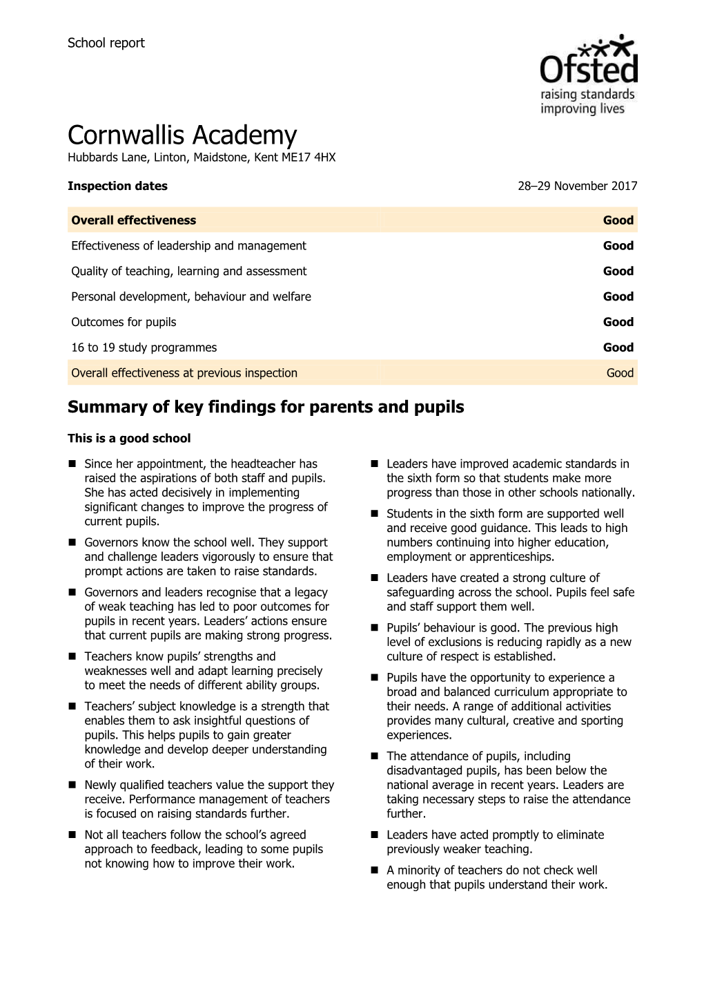 Cornwallis Academy Hubbards Lane, Linton, Maidstone, Kent ME17 4HX