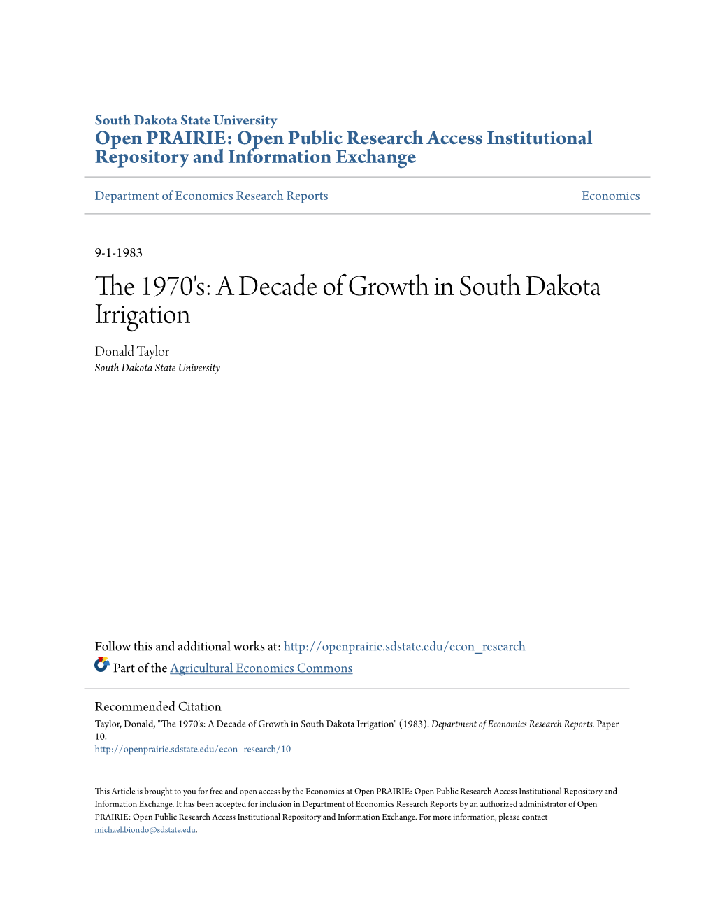 The 1970'S: a Decade of Growth in South Dakota Irrigation Donald Taylor South Dakota State University