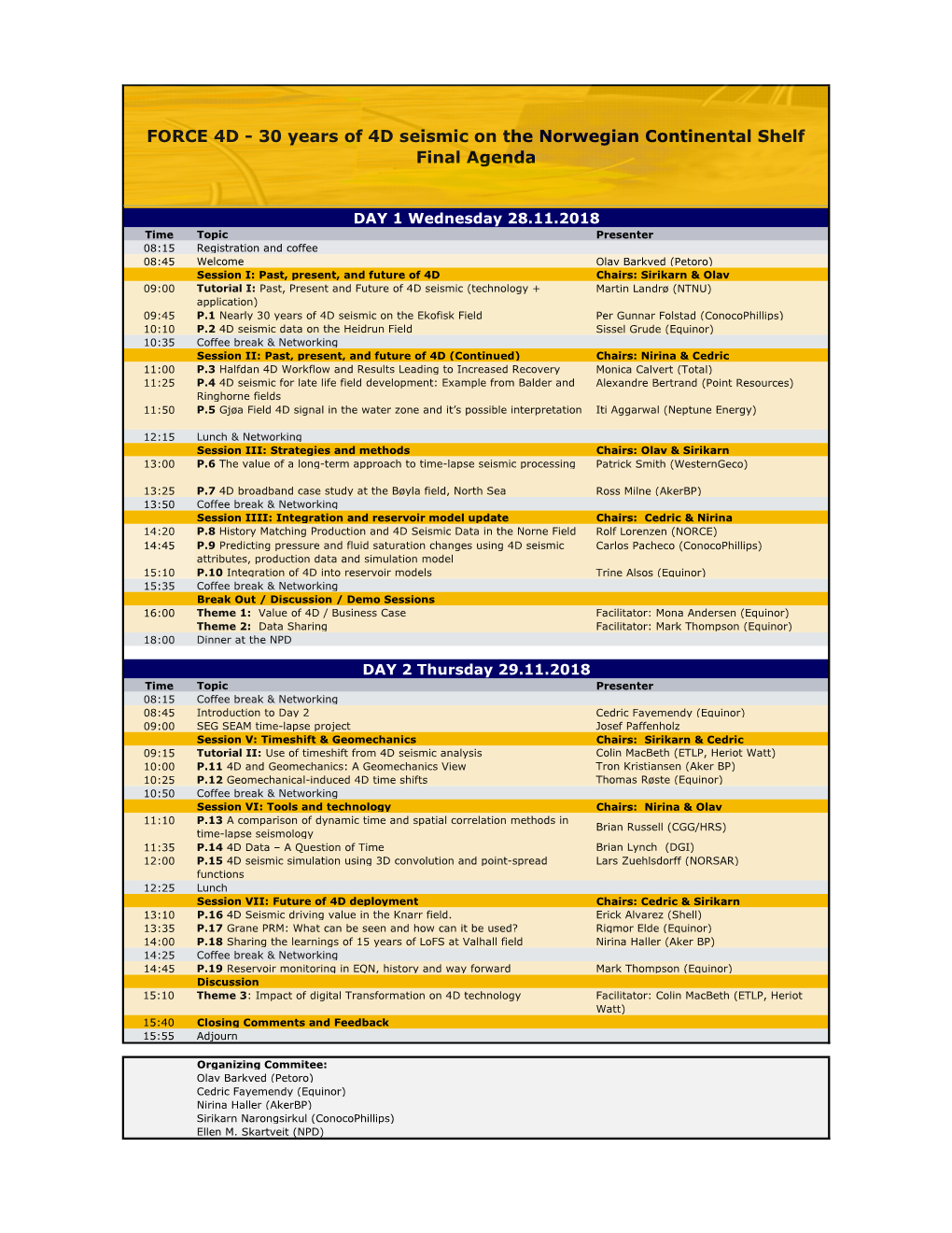 30 Years of 4D Seismic on the Norwegian Continental Shelf Final Agenda