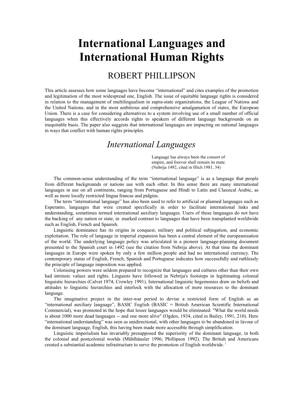 International Languages and International Human Rights ROBERT PHILLIPSON