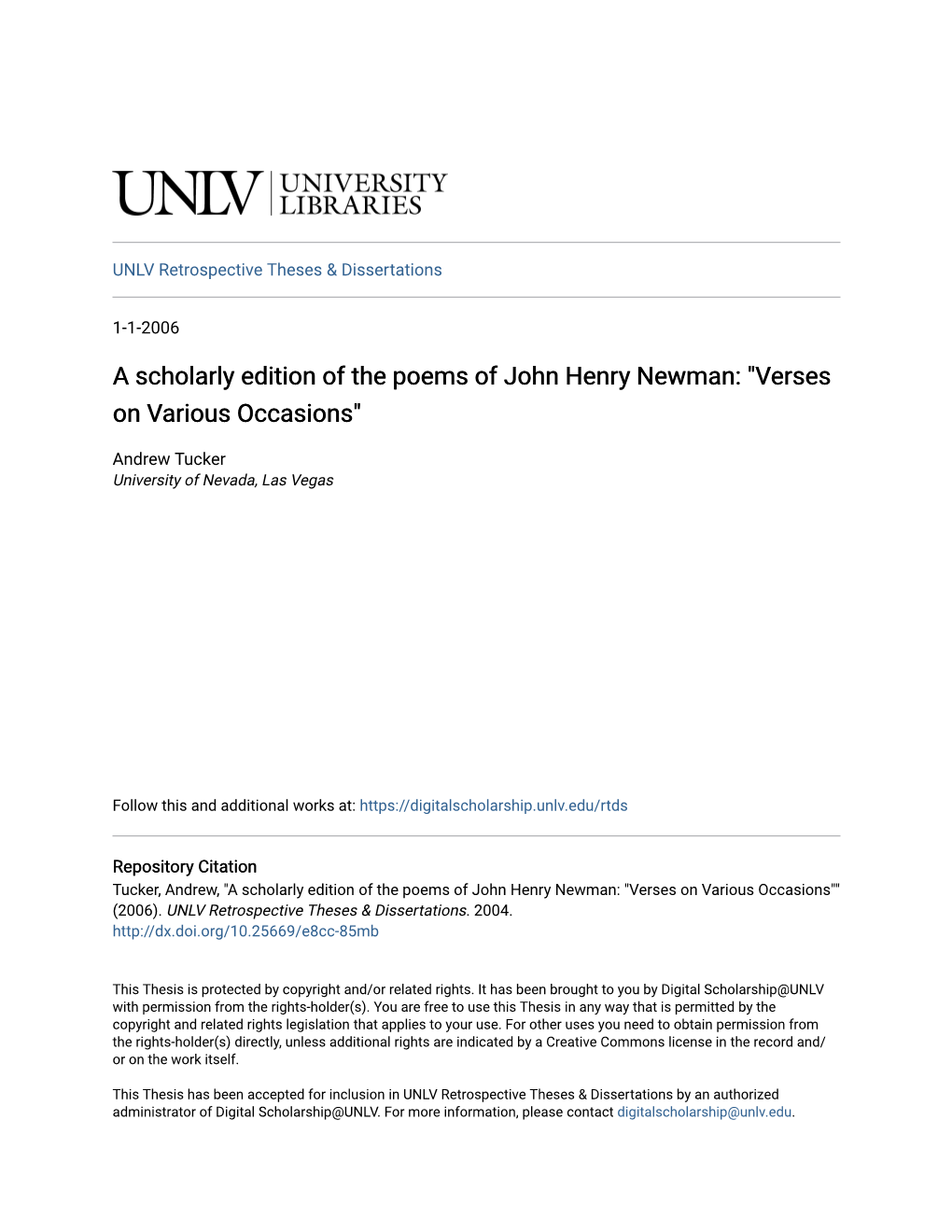 A Scholarly Edition of the Poems of John Henry Newman: "Verses on Various Occasions"