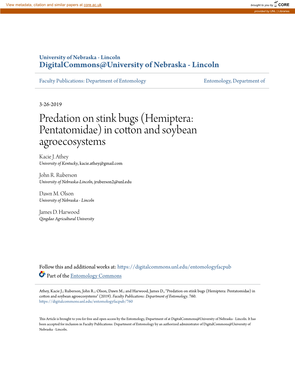 Predation on Stink Bugs (Hemiptera: Pentatomidae) in Cotton and Soybean Agroecosystems Kacie J