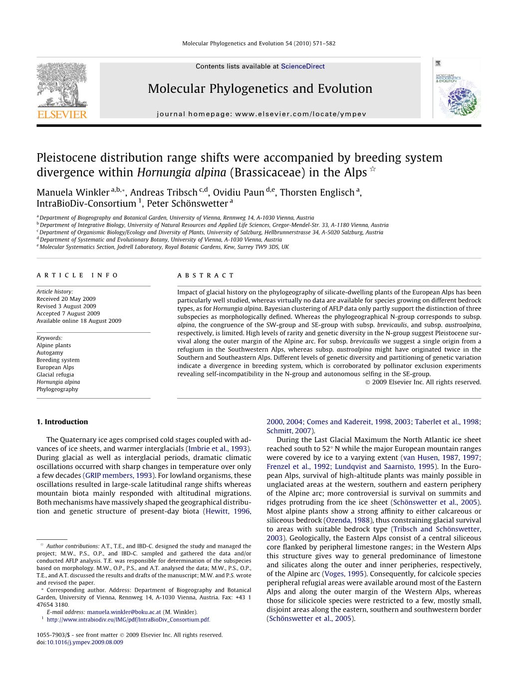 Pleistocene Distribution Range Shifts Were Accompanied by Breeding System Divergence Within Hornungia Alpina (Brassicaceae) in the Alps Q