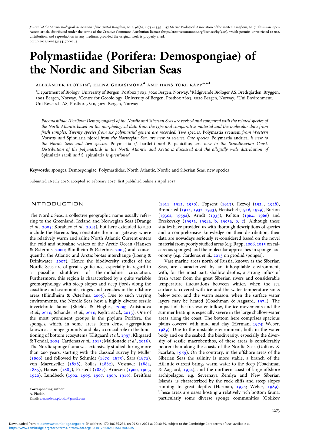 (Porifera: Demospongiae) of the Nordic and Siberian Seas