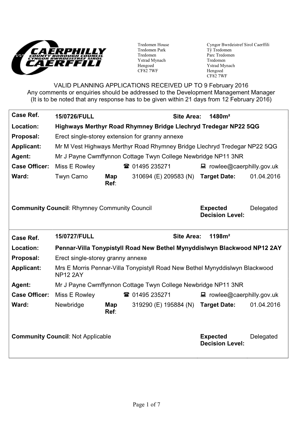 Page 1 of 7 VALID PLANNING APPLICATIONS RECEIVED up TO