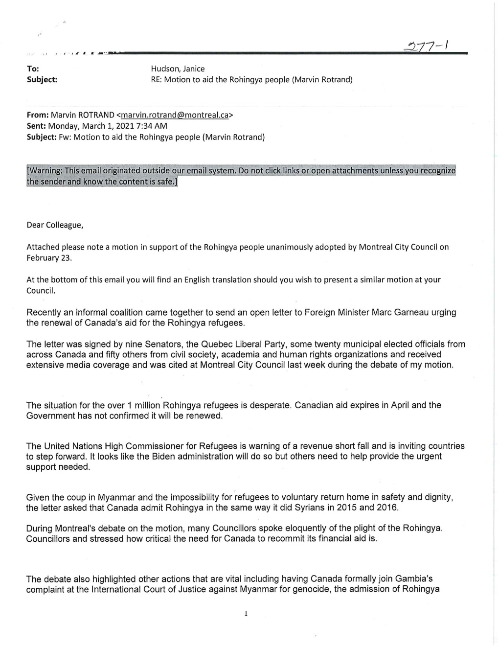 Recently an Informal Coalition Came Together to Send an Open Letter to Foreign Minister Marc Garneau Urging the Renewal of Canada's Aid for the Rohingya Refugees