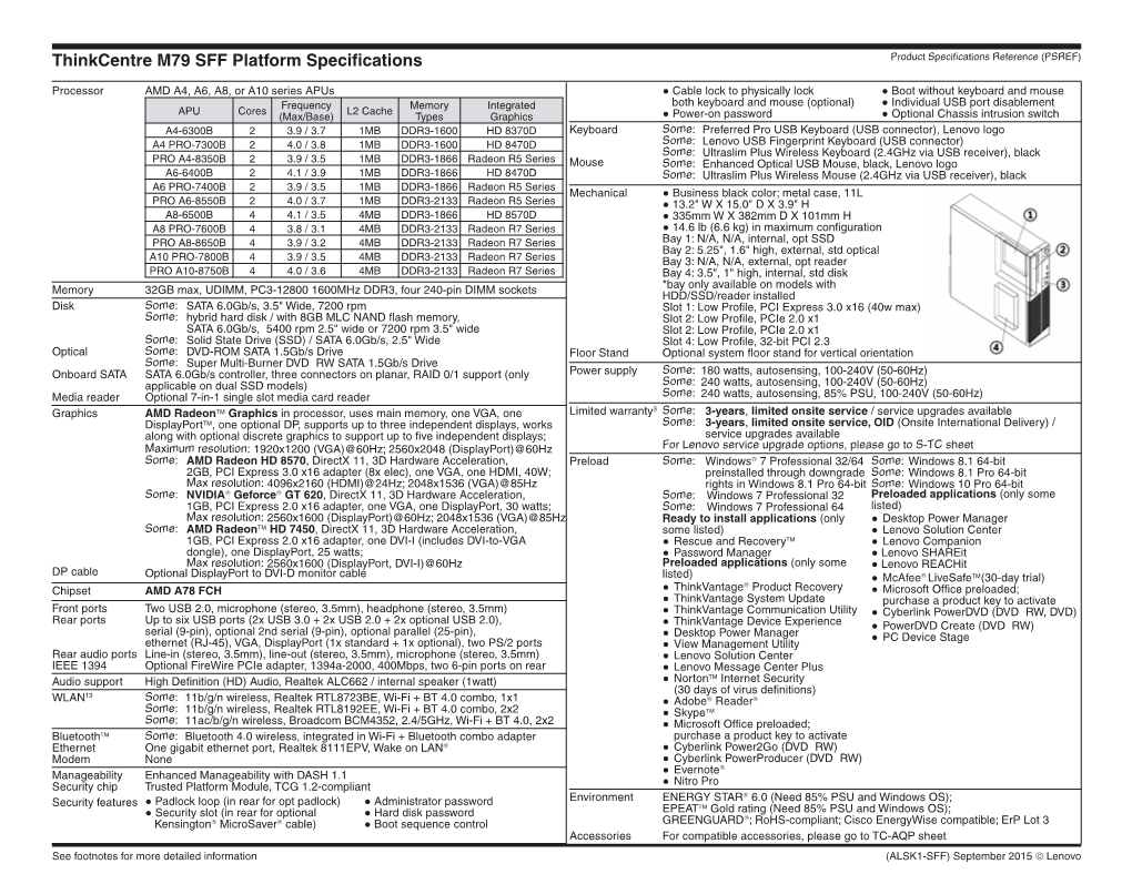 Thinkcentre M79 SFF Platform Specifications Product Specifications Reference (PSREF)