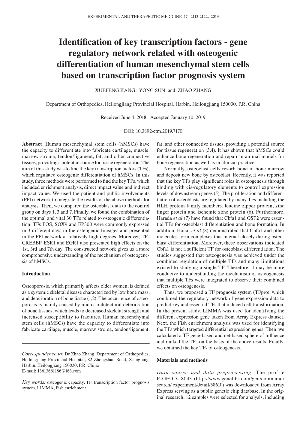 Identification of Key Transcription Factors-Gene Regulatory Network