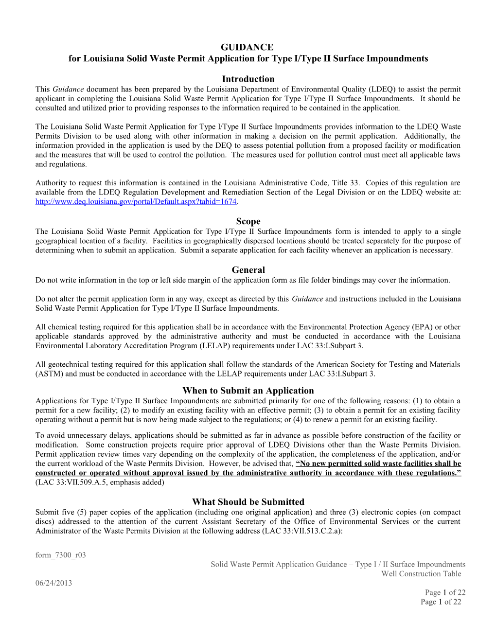 For Louisiana Solid Waste Permit Application for Type I/Type II Surface Impoundments