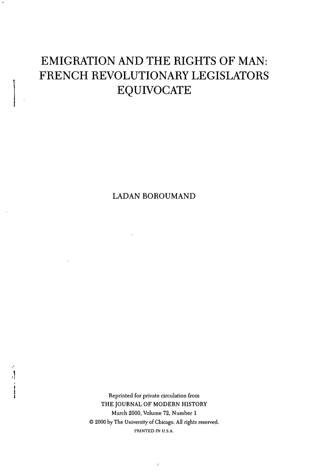 Emigration and the Rights of Man: French Revolutionary Legislators Equivocate