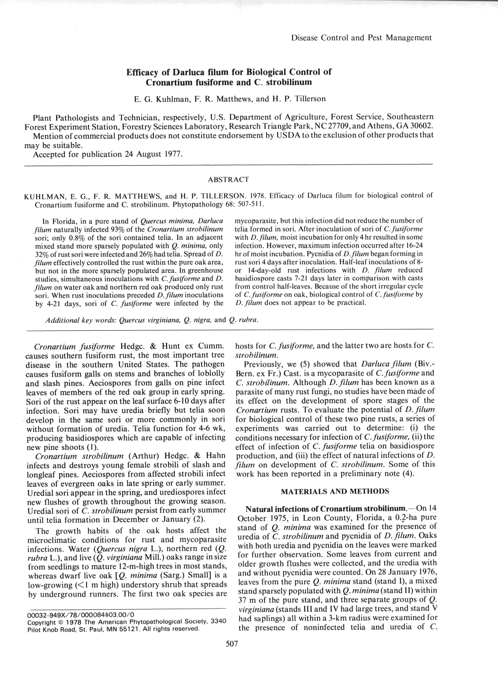 Efficacy of Darluca Filum for Biological Control of Cronartium Fusiforme and C