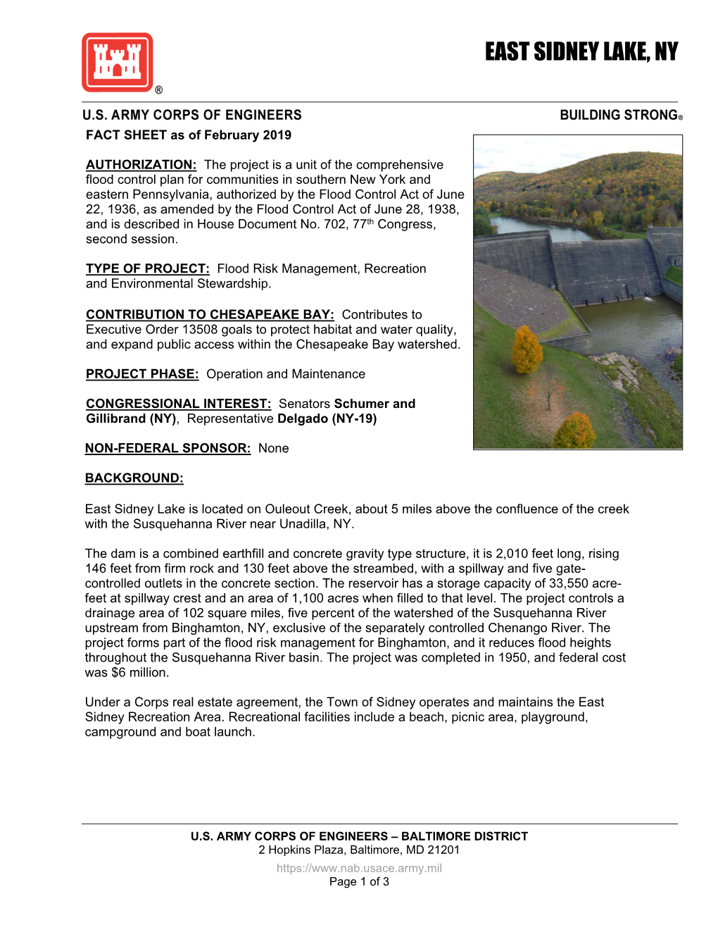 East Sidney Lake New York Fact Sheet