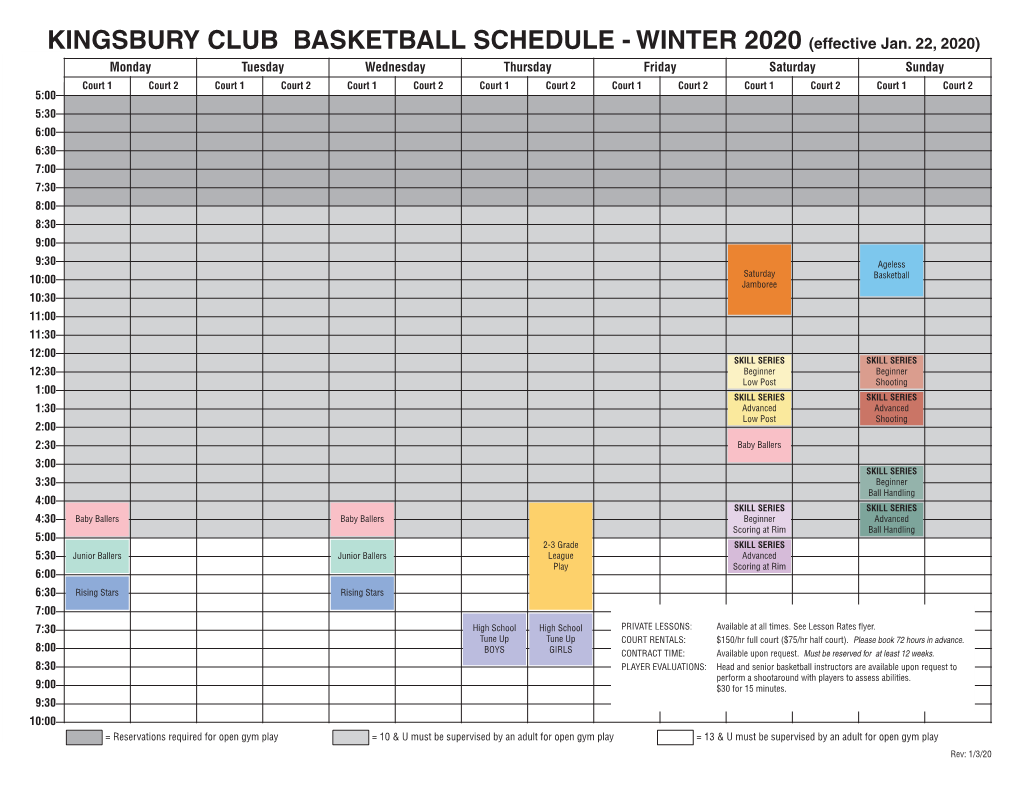 KINGSBURY CLUB BASKETBALL SCHEDULE - WINTER 2020 (Effective Jan
