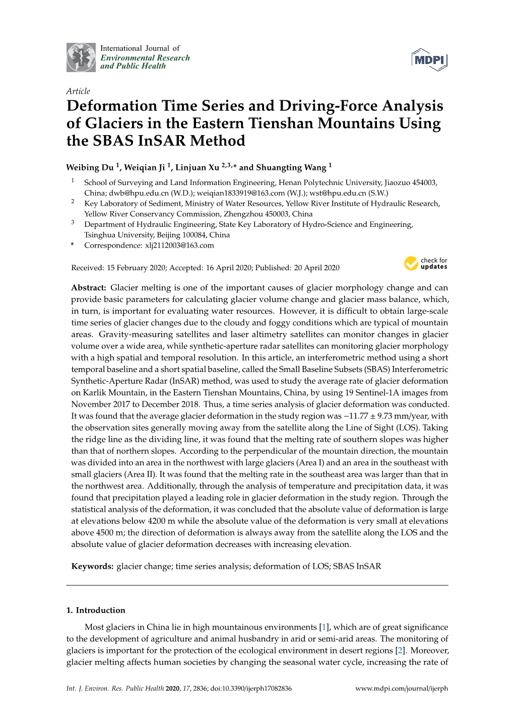 Deformation Time Series and Driving-Force Analysis of Glaciers in the Eastern Tienshan Mountains Using the SBAS Insar Method