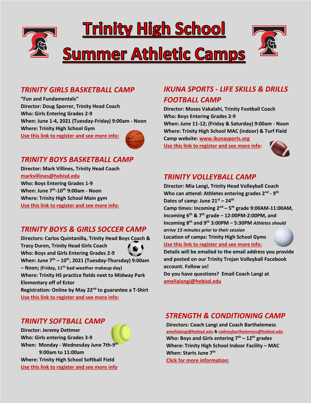 Trinity High School Summer Athletic Camps