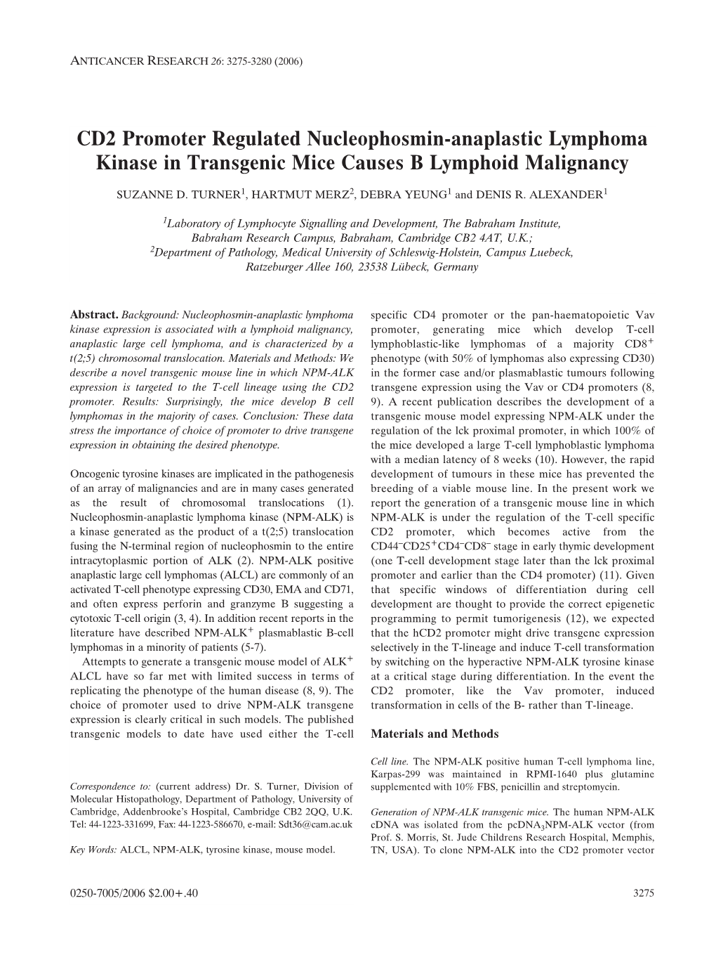 CD2 Promoter Regulated Nucleophosmin-Anaplastic Lymphoma Kinase in Transgenic Mice Causes B Lymphoid Malignancy
