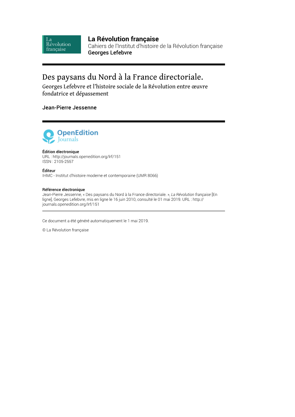 La Révolution Française , Georges Lefebvre Des Paysans Du Nord À La France Directoriale