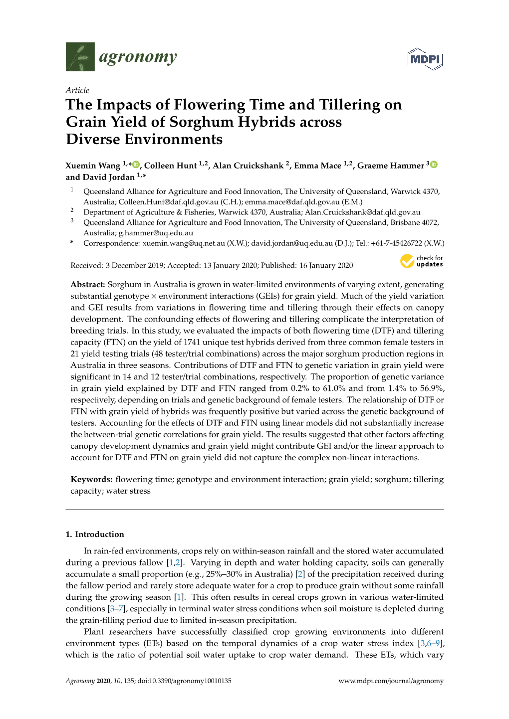 The Impacts of Flowering Time and Tillering on Grain Yield of Sorghum Hybrids Across Diverse Environments