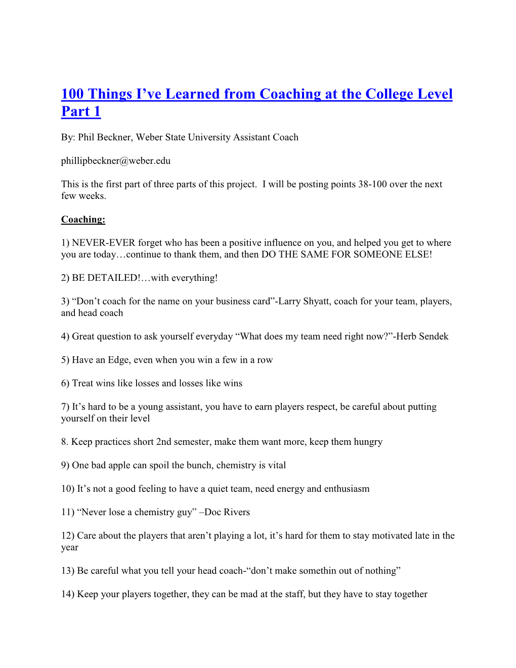 100 Things I've Learned from Coaching at the College Level Part 1