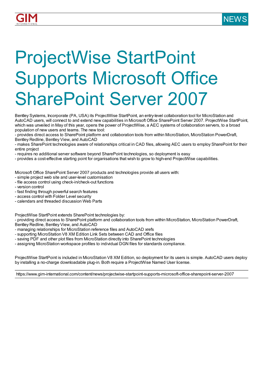 Projectwise Startpoint Supports Microsoft Office Sharepoint Server 2007
