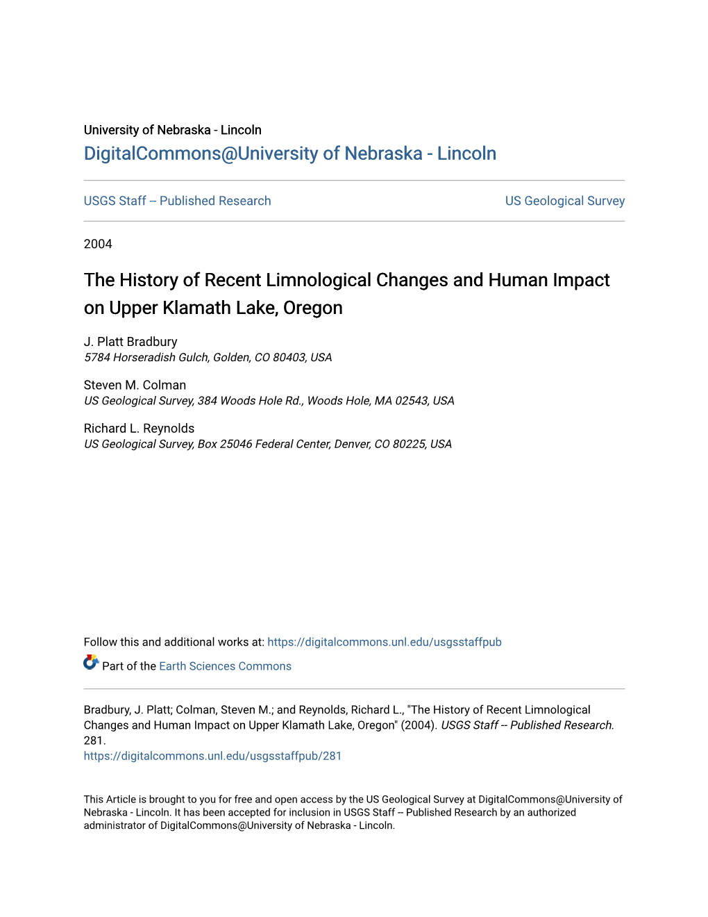 The History of Recent Limnological Changes and Human Impact on Upper Klamath Lake, Oregon