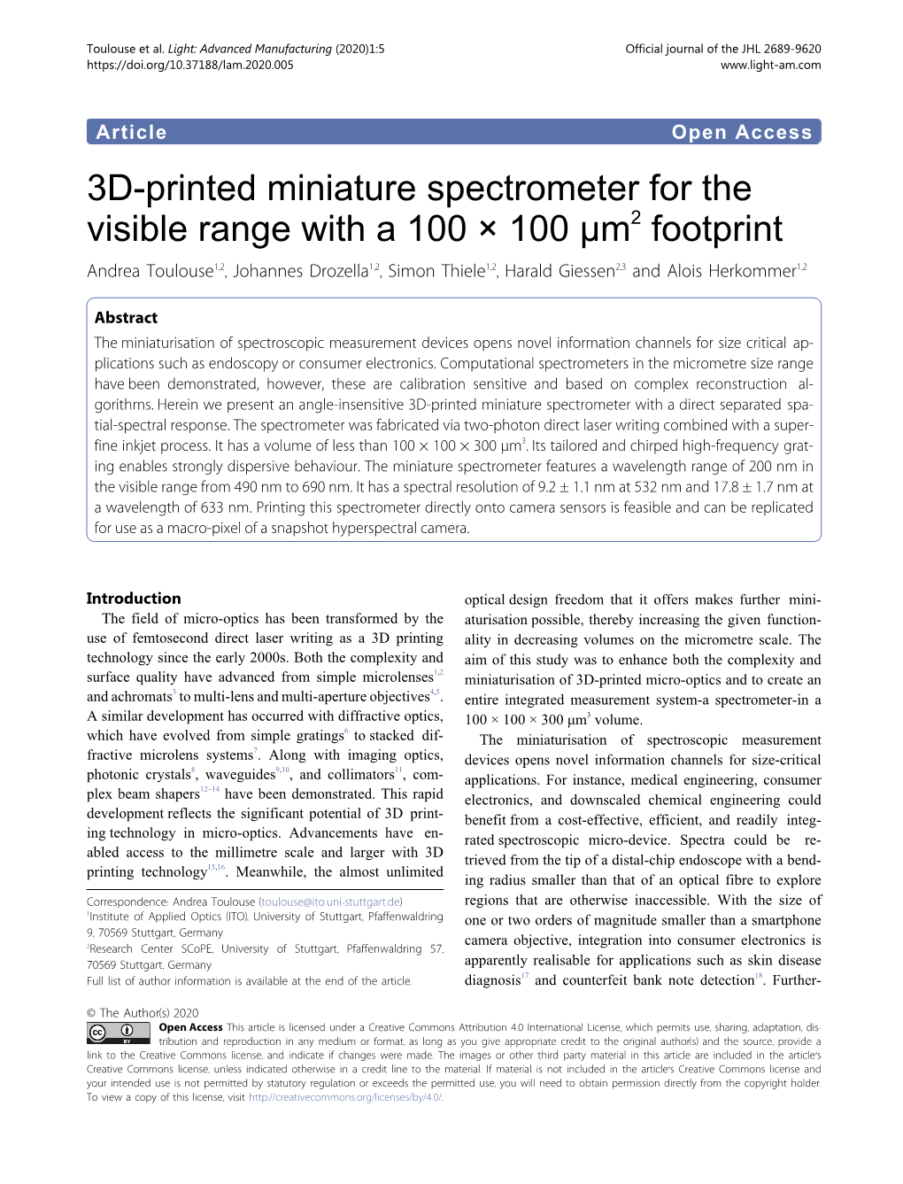 3D-Printed Miniature Spectrometer for the Visible Range with a 100 × 100 Μm2 Footprint