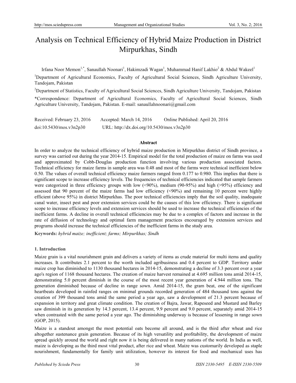 Analysis on Technical Efficiency of Hybrid Maize Production in District Mirpurkhas, Sindh