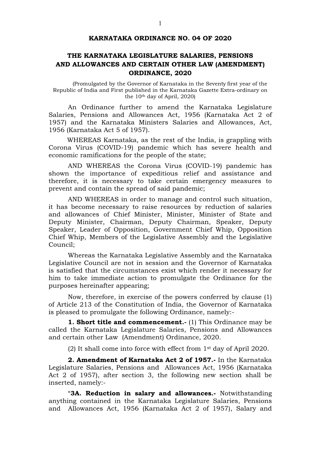 1 Karnataka Ordinance No. 04 of 2020 the Karnataka
