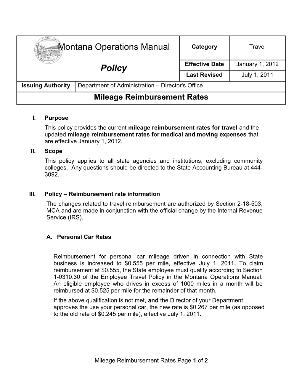 III. Policy Reimbursement Rate Information